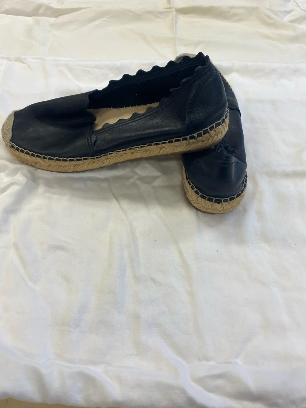Scalloped Black Leather Espadrille